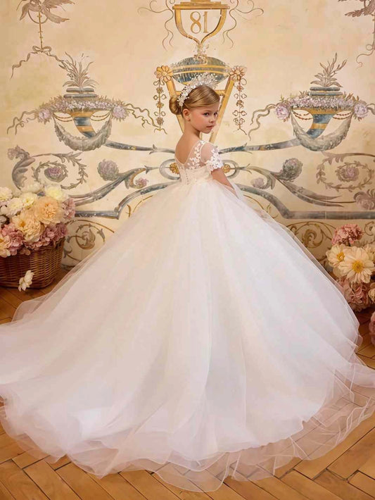 Elegant Ball Gown Illusion Neck Short Sleeve V?Back Train First Communion Dress