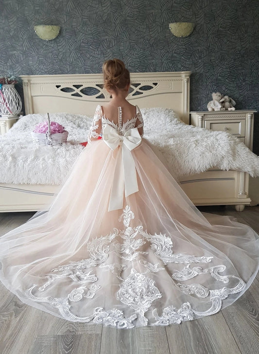 Luxury A?Line Off?Shoulder Long?Sleeve Bow?Back Train?Length Flower Girl dress