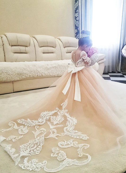 Luxury A?Line Off?Shoulder Long?Sleeve Bow?Back Train?Length Flower Girl dress