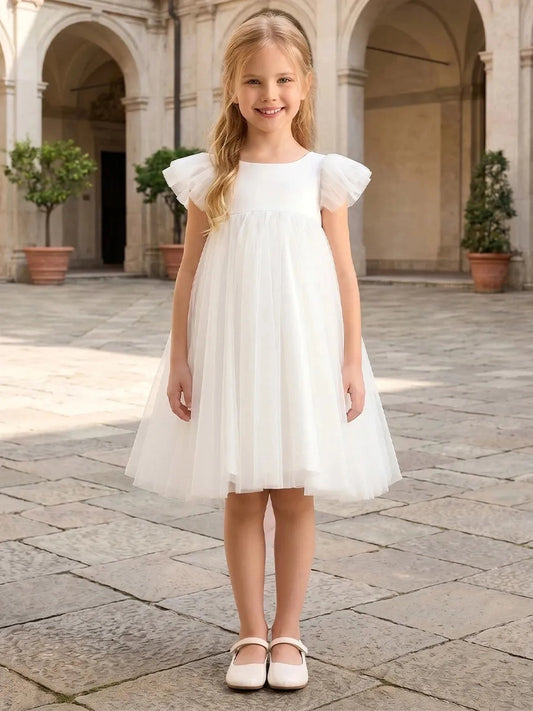Sweet Empire?Line Round?Neck Flutter?Sleeve Bow?Back Knee?Length Flower Girl Dress