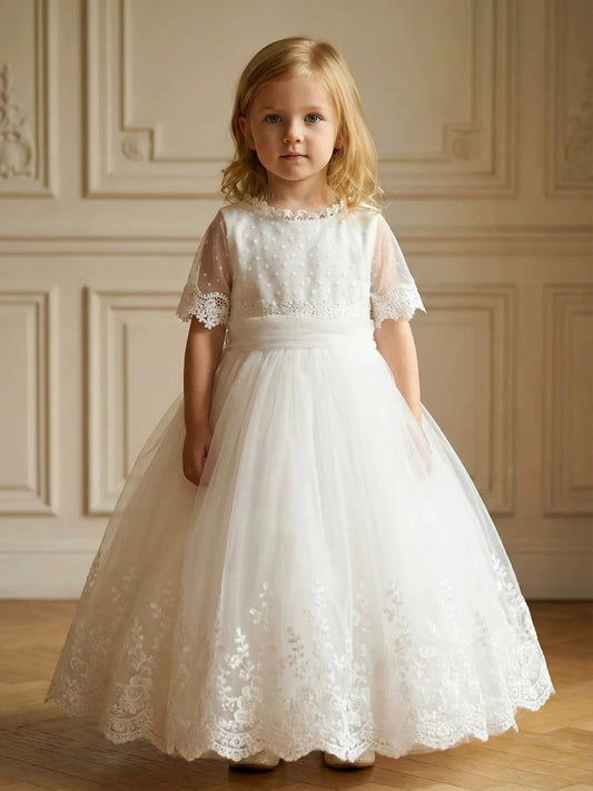 Elegant A-Line Princess Scoop Neck Half Sleeve Lace Back Floor-Length Flower Girl Dresses