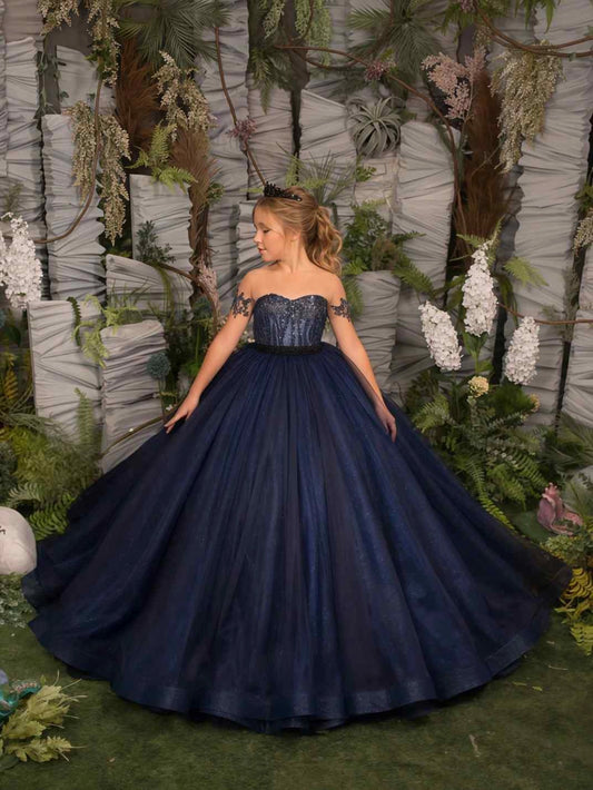 Sparkly Ball?Gown Strapless Detachable?Sleeve Illusion?Back Floor?Length Pageant Flower Girl Dress