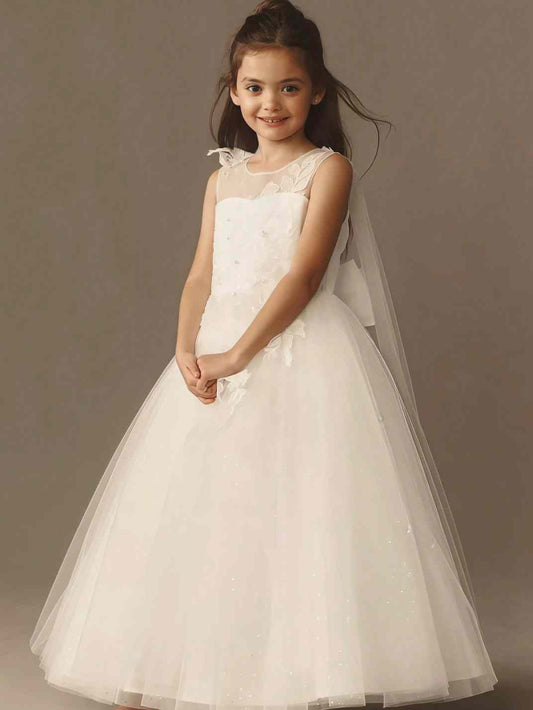 Elegant A Line Illusion Round Sleeveless Keyhole Back Floor Length Flower Girl Dress