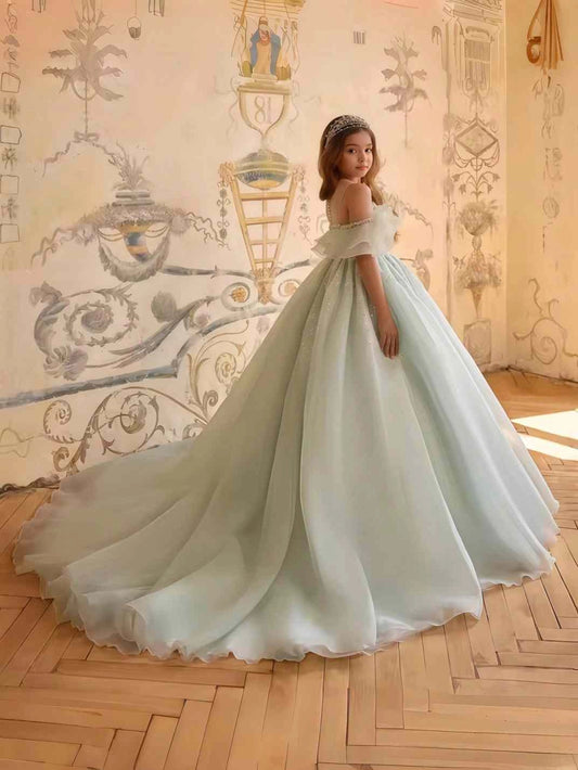 Luxury Ball?Gown Off?Shoulder Illusion Neck Ruffle Sleeve Open?Back Sweep Train Girls Formal Dress