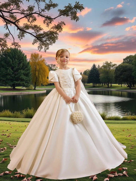 Elegant Ball?Gown Round?Neck Puff?Sleeve Lace?Back Train?Length First?Communion Dress