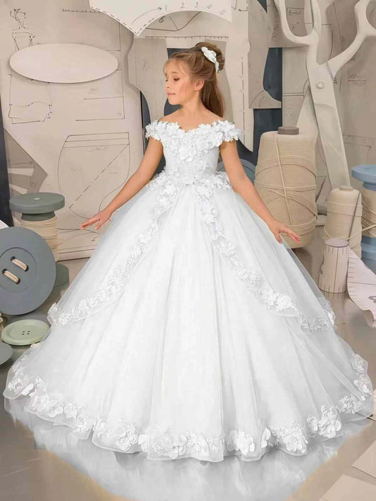 Luxury Ballgown Off Shoulder Short Sleeve Lace Up Back Floor Length Flower Girl Dress