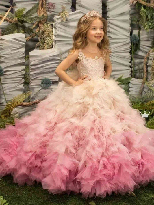 Pink Gradient Ballgown Spaghetti Straps Sleeveless Lace Open Back Train Flower Girl Dress