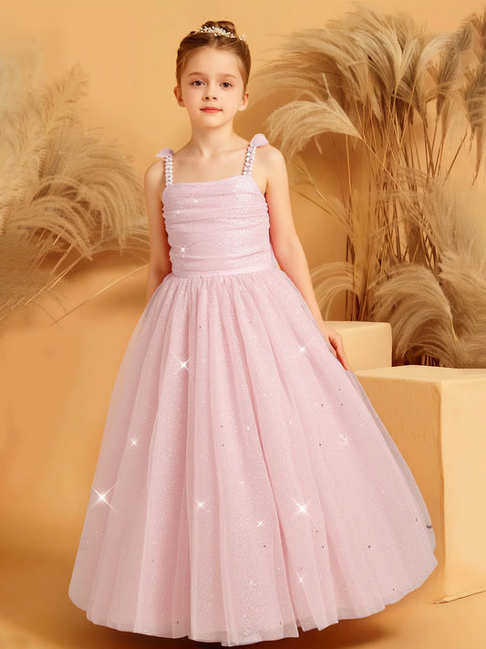 Heowos pink glitter tulle girls' dress with a ruched square-neck bodice, beaded straps, small shoulder bows and a floor-length skirt.