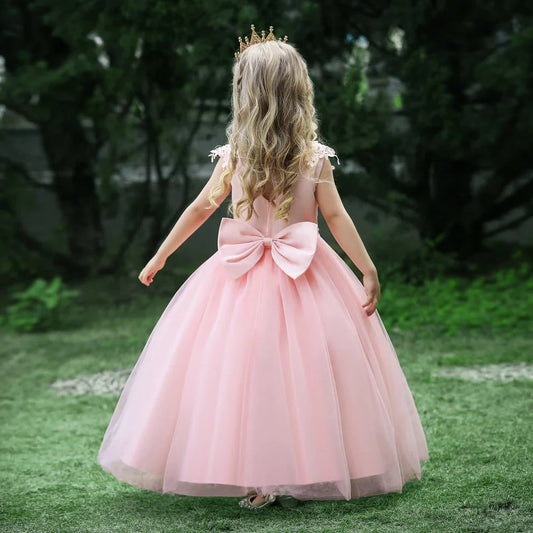 Pink Lace Tulle Flower Girl Dress with Big Bow Back