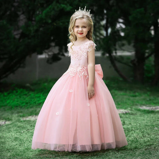 Pink Lace Tulle Flower Girl Dress with Big Bow Back