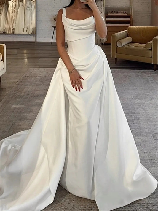 Elegant A-Line Cowl Neck Sleeveless Classic Back Court Train Wedding Dress
