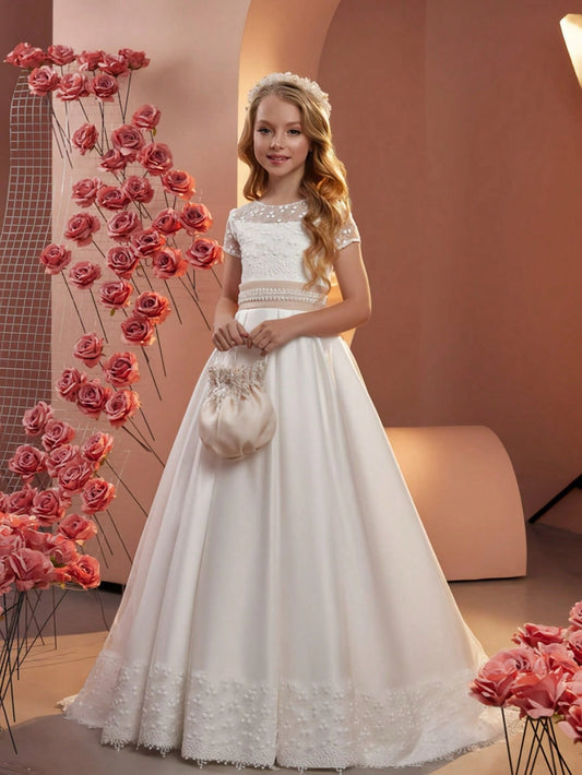 Elegant Ball Gown Round Neck Short Sleeve Zipper Back Floor Length First Communion Dress