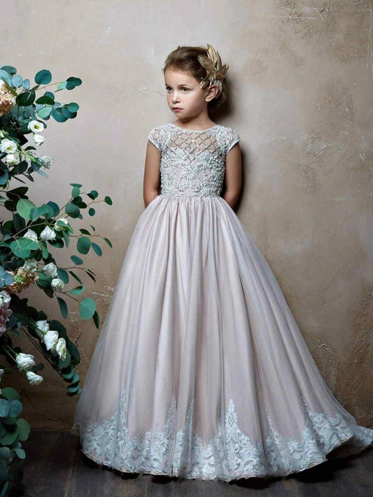 Champagne A Line Round Neck Cap Sleeve V Back Train Flower Girl Dress