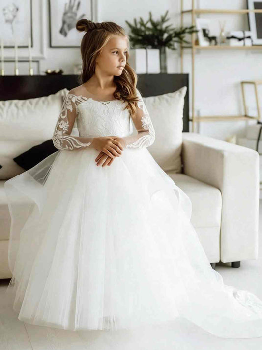 Elegant Ball Gown Illusion Neck Long Sleeve Sheer Back Train Length Flower Girl Dress  >