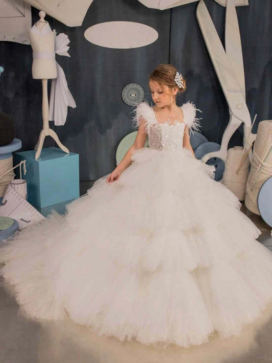 Luxury Ball?Gown Illusion Neck Feather?Sleeve Illusion?Back Train?Length First?Communion Dress