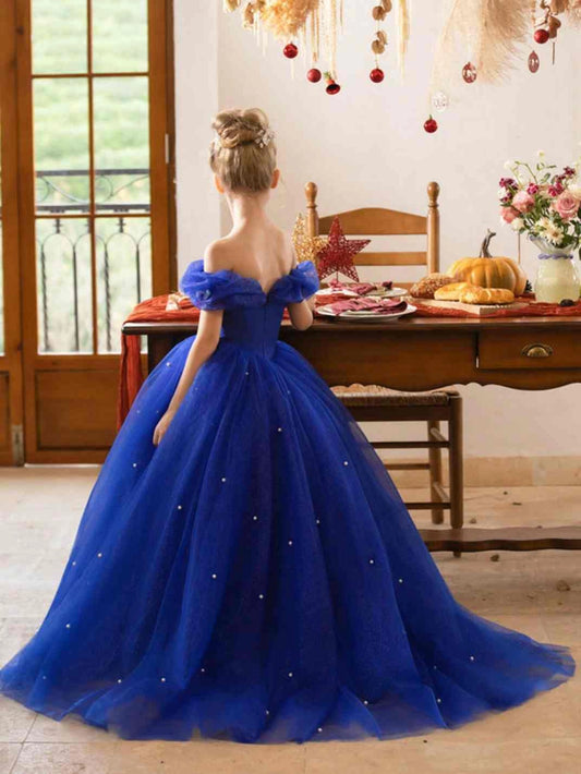 Royal Blue Ball Gown Off Shoulder Short Sleeve V Back Floor Length Flower Girl Dress