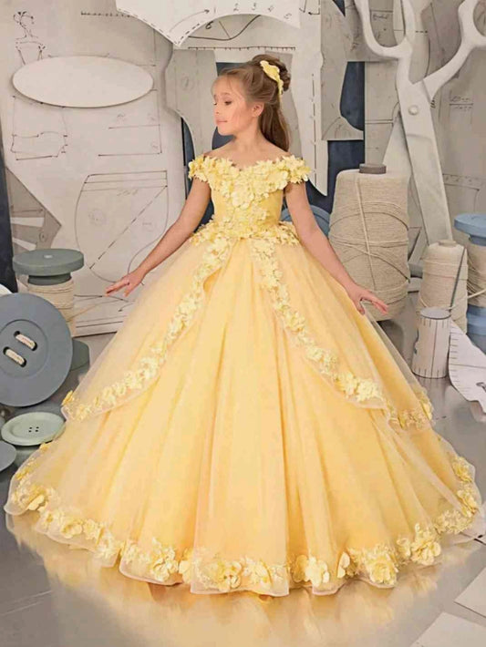 Luxury Ballgown Off Shoulder Short Sleeve Lace Up Back Floor Length Flower Girl Dress