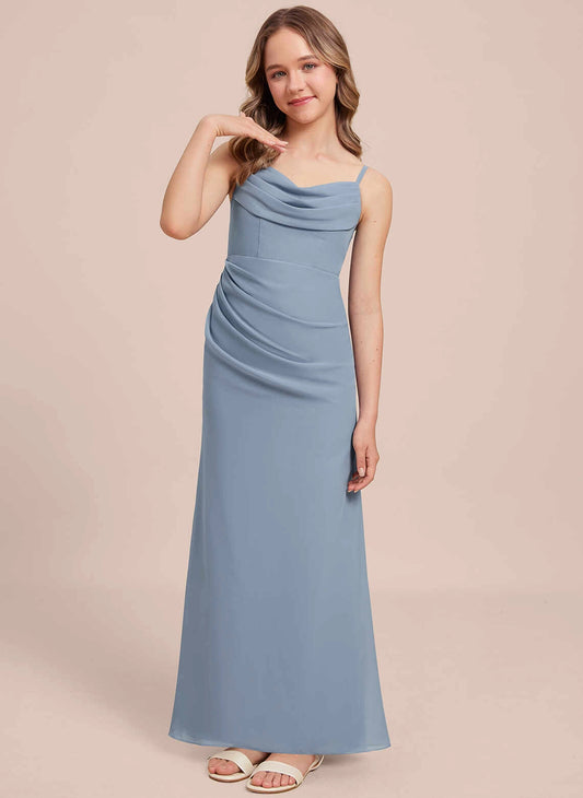 Elegant Sheath Cowl Neck Spaghetti Strap Tie Back Maxi Junior Bridesmaid Dress