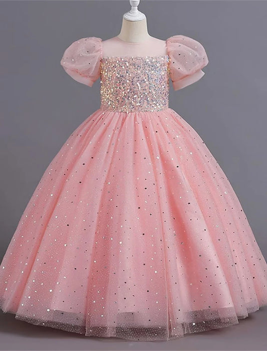 Sparkling Sequin Tulle Flower Girl Dress with Puff Sleeves & Back Bow