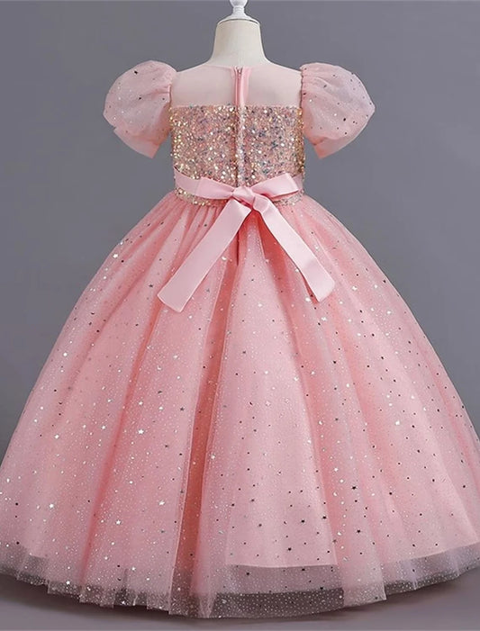 Sparkling Sequin Tulle Flower Girl Dress with Puff Sleeves & Back Bow