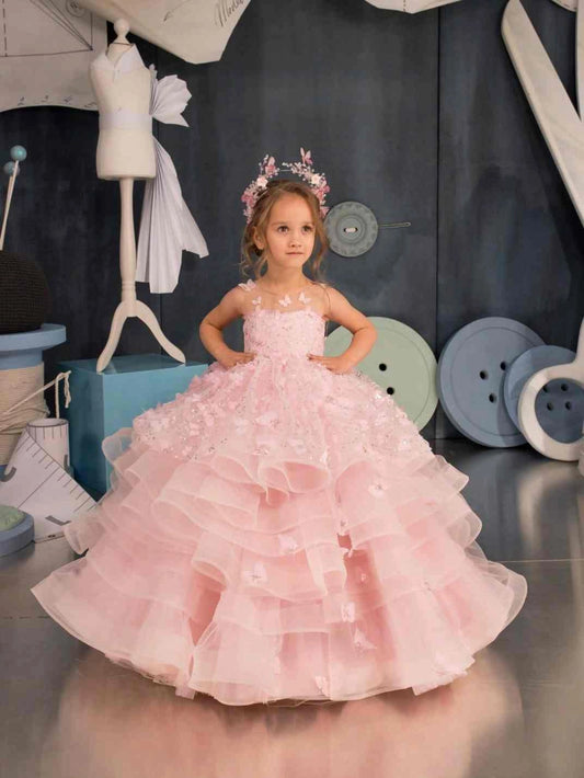 Pink Ball?Gown Illusion Sleeveless See?Through Floor?Length Flower Girl Dress