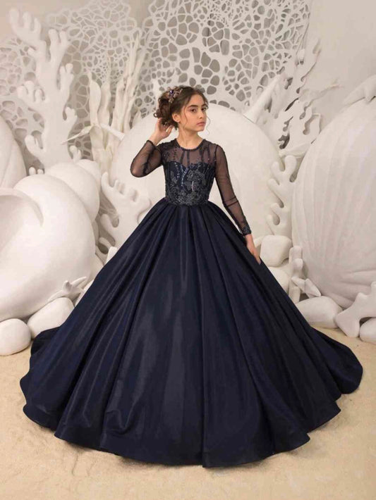 Navy Ball Gown Round Neck Long Sleeve Lace?Corset Back Train Pageant Dress
