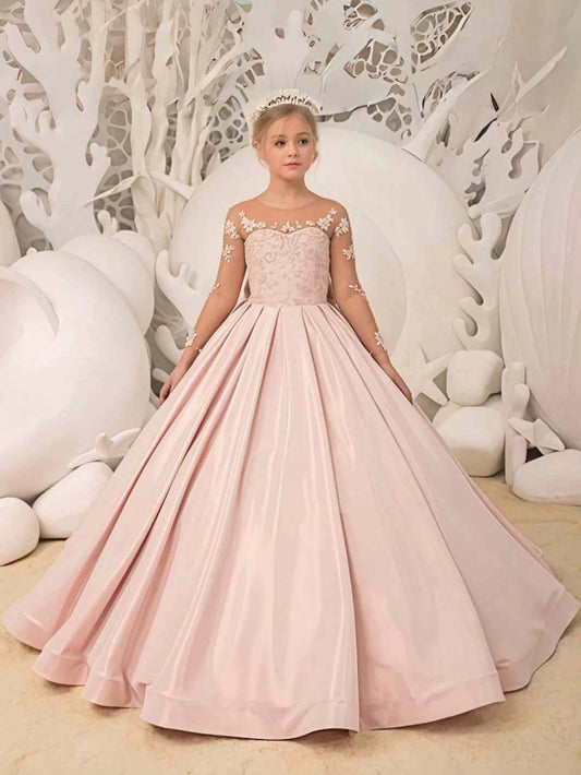 Blush Ball?Gown Illusion Neck Long?Sleeve Illusion?Back Floor?Length Flower Girl Dress