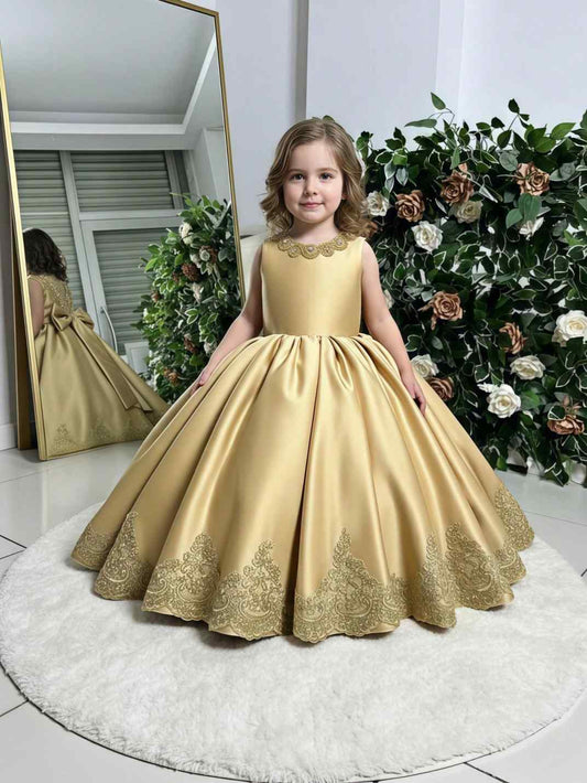 Luxury Ballgown Round Neck Sleeveless V Back Floor Length Gold Satin Flower Girl Dress