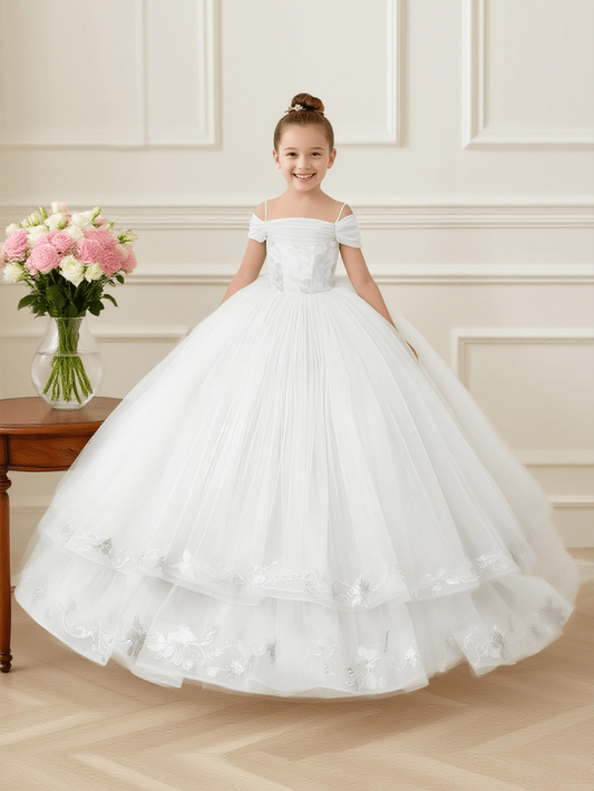 Soft Pink Ballgown Off Shoulder Short Sleeve Lace Up Back Floor Trailing Flower Girl Dress