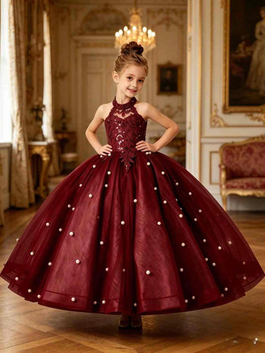 Burgundy Ball Gown Halter Sleeveless Crisscross Lace Back Floor Length Flower Girl Dress