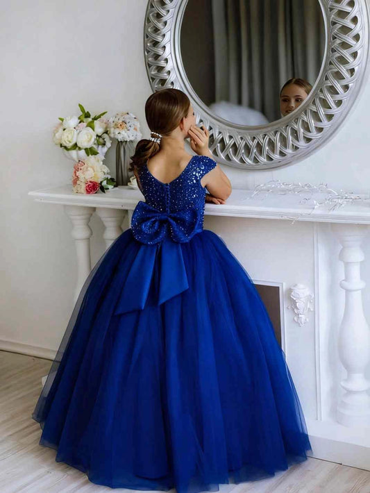Sparkly Ball?Gown Round Neck Sleeveless V?Back Floor?Length Girls Formal Dress