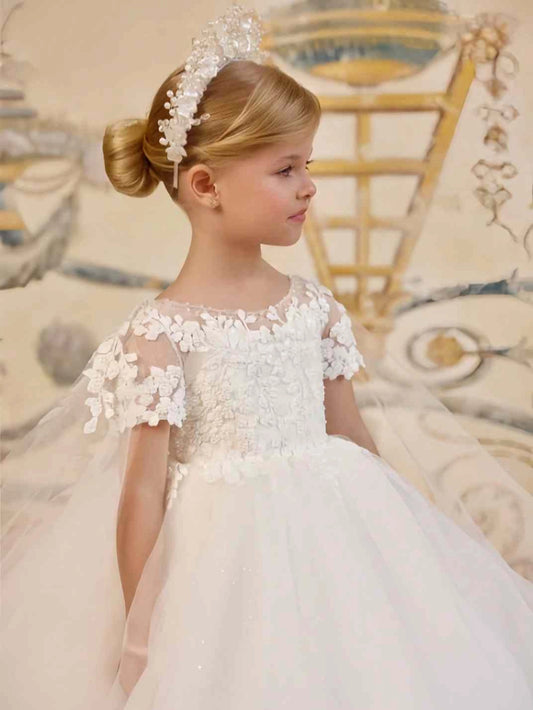 Elegant Ball Gown Illusion Neck Short Sleeve V?Back Train First Communion Dress