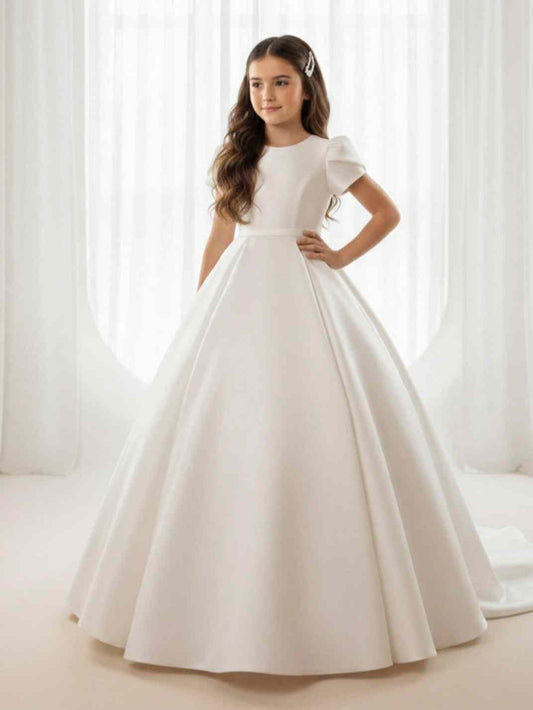 Luxury A-line Round Neck Puff Short Sleeve Big Bow Back Train Flower Girl Dress