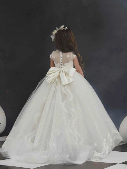 Ivory Ball Gown Round Neck Cap Sleeve Corset Back Train Flower Girl Dress