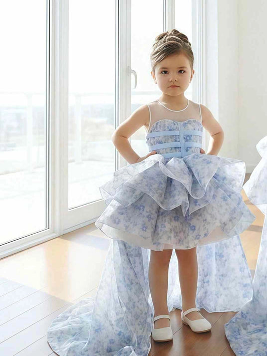 Soft A?Line Illusion Neck Sleeveless Keyhole Back High?Low Train Flower Girl Dress