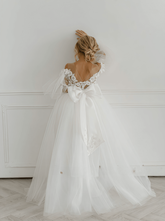Elegant Ballgown Off Shoulder Sheer Puff Sleeve Lace Open Back Floor Length Flower Girl Dress