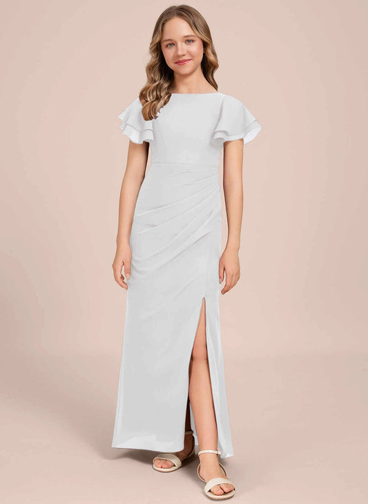 Slim?Fit Mermaid Bateau Neck Flutter Sleeve V?Back Floor?Length Junior Bridesmaid Dress