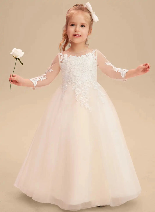 Elegant A?Line Illusion Neck 3/4 Sleeve Lace Button?Back Floor?Length First Communion Dress
