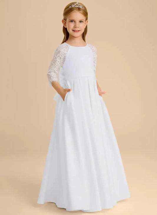 Elegant A?Line Round Neck 3/4 Sleeve Big Bow Back Floor Length First Communion Dress