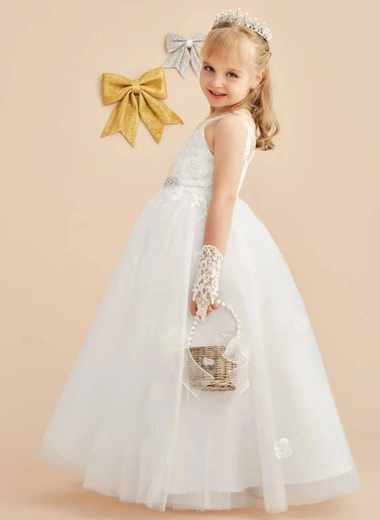 Elegant A?Line Illusion Neck Sleeveless Lace?Up Back Floor?Length First Communion Dress