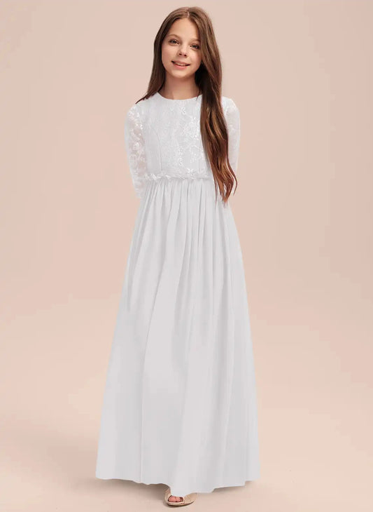 Elegant A?Line Round Neck Elbow?Length Zipper?Back Floor?Length Junior Bridesmaid Dress