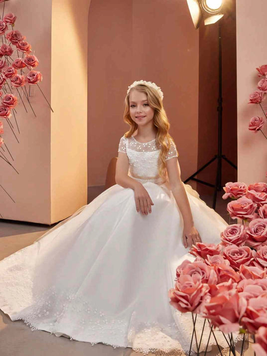 Elegant Ball Gown Round Neck Short Sleeve Zipper Back Floor Length First Communion Dress