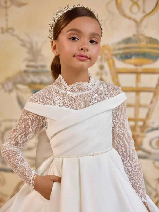 Elegant Ball?Gown High?Neck Long?Sleeve Lace?Back Train?Length First Communion Dress