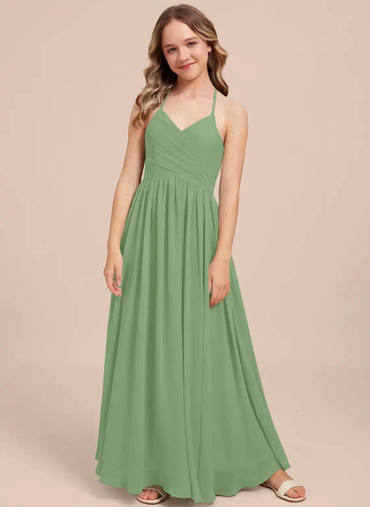 Elegant A-Line Halter V Neck Sleeveless Tie Back Floor-Length Junior Bridesmaid Dress