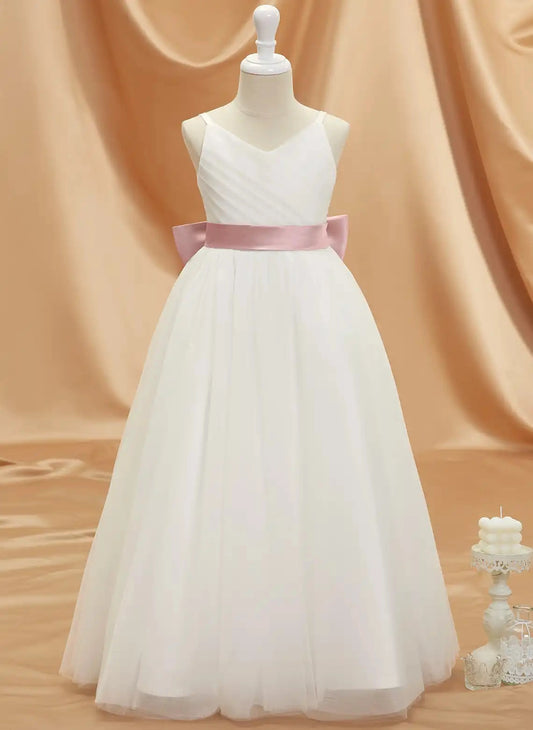 Elegant A?Line V?Neck Sleeveless V?Back Floor?Length Flower Girl Dress