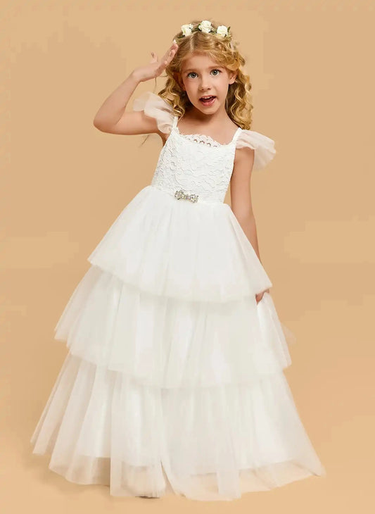 Elegant A Line Square Neck Flutter Sleeve Tie Back Floor Length Flower Girl Dress