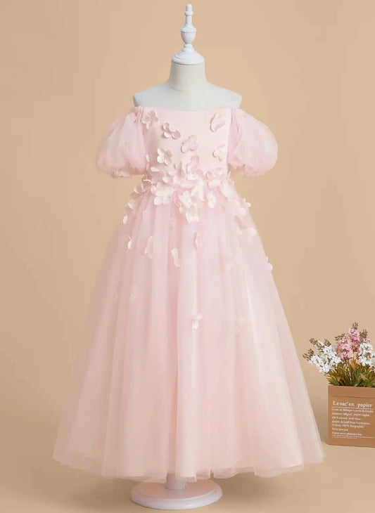 Dreamy A Line Off Shoulder Puff Sleeve Zip Back Flower Girl Dress