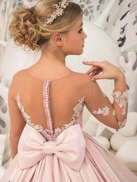 Blush Ball?Gown Illusion Neck Long?Sleeve Illusion?Back Floor?Length Flower Girl Dress