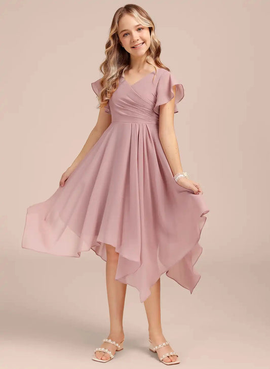 Flowy A Line V Neck Flutter Sleeve V Back Hi-Low Junior Bridesmaid Dress
