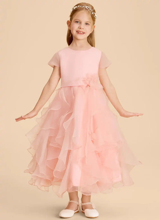 Romantic A Line Round Neck Short Sleeve Button Back Maxi Flower Girl Dress